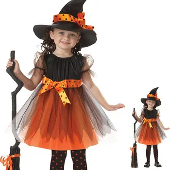 Halloween Roupas infantis Amarelo Bruxa Cosplay Fantasia para Crianças de Desempenho do Vestuário de Meninas Dançam Roupas de Saia E Chapéus