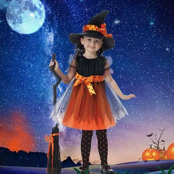 Halloween Roupas infantis Amarelo Bruxa Cosplay Fantasia para Crianças de Desempenho do Vestuário de Meninas Dançam Roupas de Saia E Chapéus