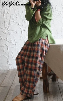 YoYiKamomo 2017 mulheres calças de algodão roupa de verão arte do vintage de lazer wide-legged calças soltas tamanho grande para mulheres calças
