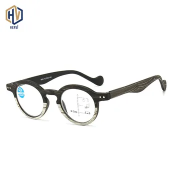 Rodada Quadro de Grão de Madeira Anti luz Azul Inteligente Multifocal Progressiva Óculos de Leitura Homem, Mulher com Dupla Finalidade Óculos de Leitura