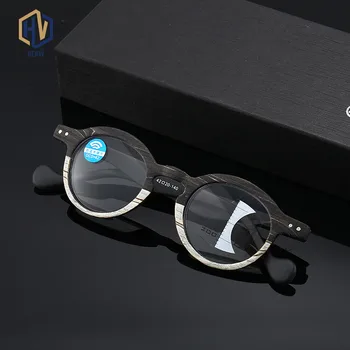 Rodada Quadro de Grão de Madeira Anti luz Azul Inteligente Multifocal Progressiva Óculos de Leitura Homem, Mulher com Dupla Finalidade Óculos de Leitura