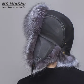 Ms. MinShu Silver Fox Fur Chapéu de pele de Carneiro com casca Exterior de couro russo chapéus de Pêlo Unisex Inverno Earflap Natural de Pele de Raposa Pac