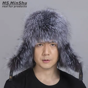 Ms. MinShu Silver Fox Fur Chapéu de pele de Carneiro com casca Exterior de couro russo chapéus de Pêlo Unisex Inverno Earflap Natural de Pele de Raposa Pac