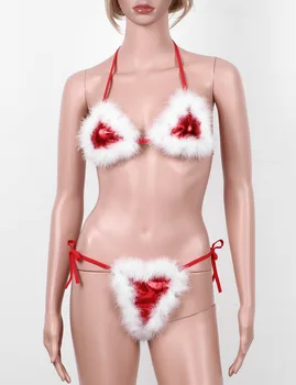 Mulheres Sexy Cosplay Traje de Natal Safado Santa Baby Conjunto de Lingerie Sexy Pena Branca Cortada Sutiã de Biquíni com G-corda Cuecas