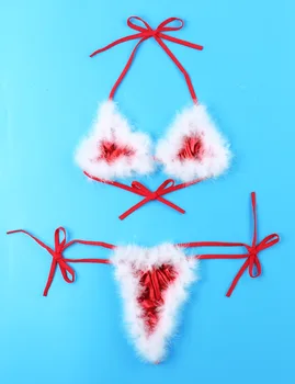 Mulheres Sexy Cosplay Traje de Natal Safado Santa Baby Conjunto de Lingerie Sexy Pena Branca Cortada Sutiã de Biquíni com G-corda Cuecas