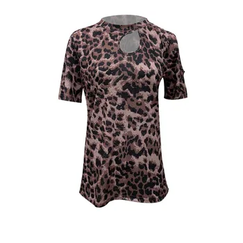 40# Mulheres Casual, Solto, Desligado do Ombro T-shirts Cortar estampa de Leopardo de Manga Curta-O-T-shirt do pescoço Top de Streetwear T-shirts Ropa