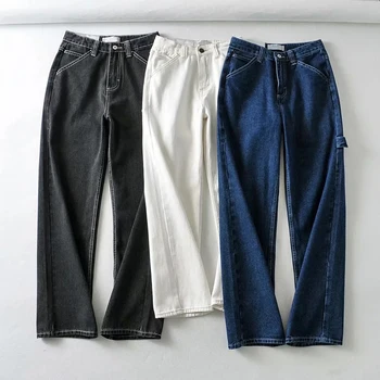 Mulheres High-rise Preto Desbotado Jeans Branco Com Costura Reta Perna de Jeans, Calças