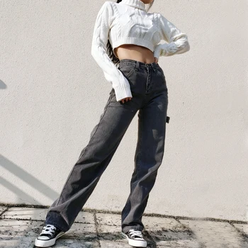Mulheres High-rise Preto Desbotado Jeans Branco Com Costura Reta Perna de Jeans, Calças