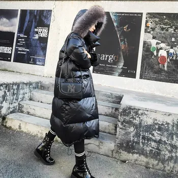 Solta Quente Coreano Inverno Mulheres Puffer Longo Para Baixo Do Casaco Com Pele Real Capuz Feminino Pena Jaqueta Para Meninas Parka Casacos De Senhora