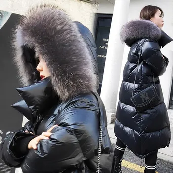 Solta Quente Coreano Inverno Mulheres Puffer Longo Para Baixo Do Casaco Com Pele Real Capuz Feminino Pena Jaqueta Para Meninas Parka Casacos De Senhora