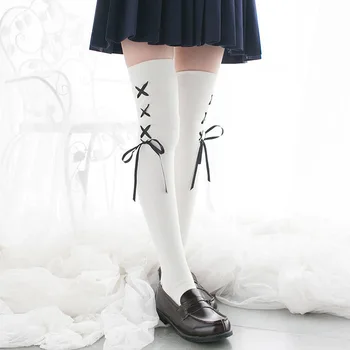 Bonito Lolita Meias Primavera Japonesa, Leggings Kawaii Anime Menina De Meia Preto Branco Sobre O Joelho De Lotação Cruz Fita Meias Cosplay