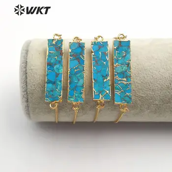 WT-B473 WKT Ouro Galvanizados Retângulo Azul Veia Turquesas Bracelete Pulseira de Ouro Mulheres do Vintage Pulseiras Jóias