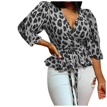 40# Mulheres estampa de Leopardo Blusas, Camisas Tamanho Grande Personalidade com decote em V Manga Longa Solta Tops das Mulheres Pano Blusas Roupas