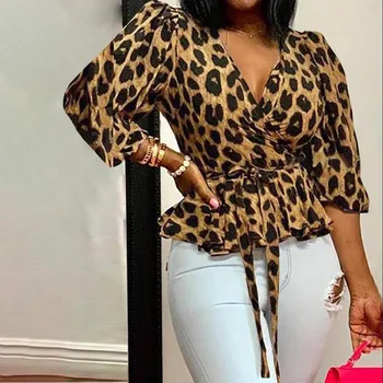 40# Mulheres estampa de Leopardo Blusas, Camisas Tamanho Grande Personalidade com decote em V Manga Longa Solta Tops das Mulheres Pano Blusas Roupas