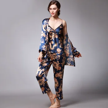 3Pcs/set Primavera, Outono Mulheres Pijama de Seda Conjuntos Não-Almofadas de Impressão de Flor de Pijama Pijamas de Espaguete fita de Cetim Pijamas M-XXXL Tamanho
