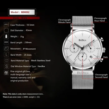 BIDEN Homens Luxo Relógios de Homens de Quartzo Ultra Fino Relógio Masculino Impermeável Esportes Relógios Casuais Relógio de Pulso relógio masculino