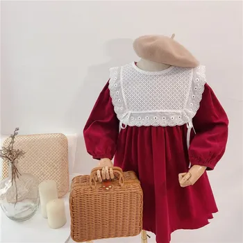 Meninas primavera, outono vestido de renda babete em algodão manga longa vestido de princesa para a menina 2021 novo bebê menina roupas de crianças vestido de
