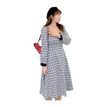 Mulheres de outono francês praça gola da cor do contraste de seleção botão de vestido plus size bezerro comprimento do vestido casual de 100 kg, pode ser usado