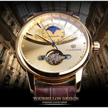 Forsining Fase Da Lua Relógio Automático Royal Homens De Ouro Impermeável Relógio De Pulso Mecânico Casual De Couro Genuíno Turbilhão Relógio