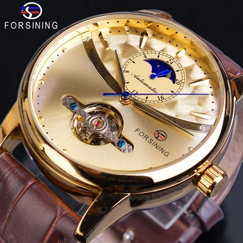 Forsining Fase Da Lua Relógio Automático Royal Homens De Ouro Impermeável Relógio De Pulso Mecânico Casual De Couro Genuíno Turbilhão Relógio