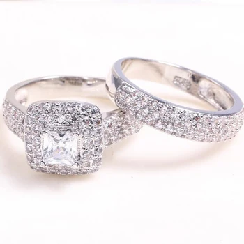 2pcs/set de Luxo Estampado 925 Prata Esterlina Promessa de Anéis de Noivado Conjuntos de CZ Cristal Senhora Anel para a Festa de Casamento Jóias de Presente