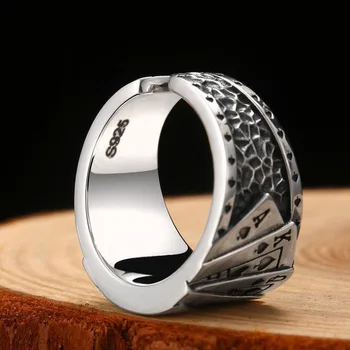 S925 prata criativo cartão de jogo geométrica nicho design vento frio nenhum mosaico de abertura ajustável anel masculino