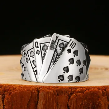 S925 prata criativo cartão de jogo geométrica nicho design vento frio nenhum mosaico de abertura ajustável anel masculino