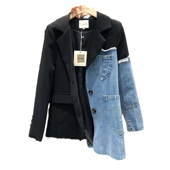 LANMREM Outono 2021 solta terno de costura de jeans, casaco irregular único breasted slim, jaqueta de moda feminina tido 2A04505