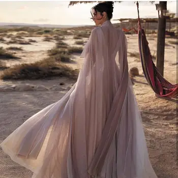 Praia Vestido de Noiva Champanhe Com o Envoltório de 2020 Chão leength Vestido de Noiva robe de mariage Profundo Decote em V Unquic Design Elegante Tule