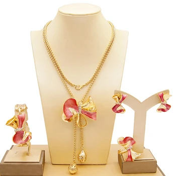 Moda Dubai Gold Conjuntos de Jóias para a Mulher Africana de Noiva Presentes de Casamento Festa de Colar Bowknot Brincos, Anel, Pulseira de Conjunto