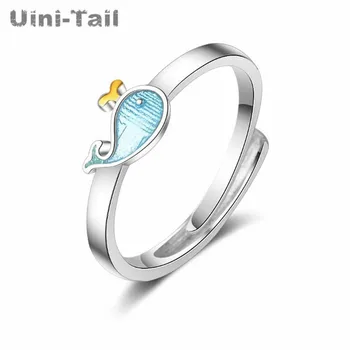 Uini Rabo-quente de nova prata 925 esterlina de blue dolphin abertura do anel feminino coreano doce bonito tendência da moda peixe grande jóia GN256
