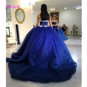 Glitter, Paetês Azul Royal, Ball Gown Vestido Quinceanera Apliques De Renda Inchados De Meninas De 15 Anos, Vestidos De Aniversário Do Doce 16 De Vestidos De Festa