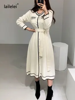 Botão Midi Vestido de Malha de uma Linha de Manga Longa Maxi Suéter de Vestidos Outono 2020 Branco Vintage Preto Office coreano de Inverno, Moda Mulher