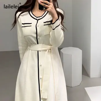 Botão Midi Vestido de Malha de uma Linha de Manga Longa Maxi Suéter de Vestidos Outono 2020 Branco Vintage Preto Office coreano de Inverno, Moda Mulher