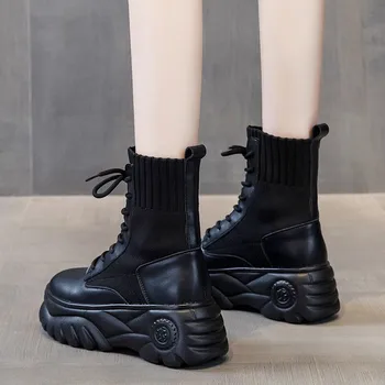 Chunky de motos Botas das Mulheres, Plataforma de Cunhas Preto Demonia Botas da Moda Gótica Designer coreano Lace-up de Tornozelo Botas Sapatos Femininos