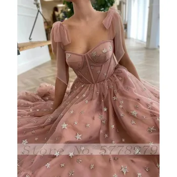 Thinyfull Brilhantes Estrelas De Tule Blush Cor-De-Rosa Baile Dresse Brilhante Princesa Bustier Espartilho Vestido De Noite Com Tiras De Robe De Sarau 2021