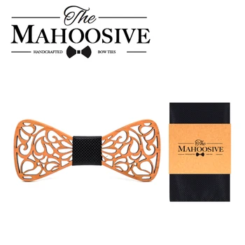 MAHOOSIVE Moda de Madeira Gravata E Lenço Conjunto de Homens Xadrez Laço de Madeira Oca Floral de Madeira gravata Gravata borboleta E Caixa