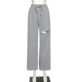BOOFEENAA Buraco Cinza de Moletom Mulheres Roupas de Streetwear Elástico de Cintura Alta Wide Leg Pants Moda de Calças Soltas C70-CH38