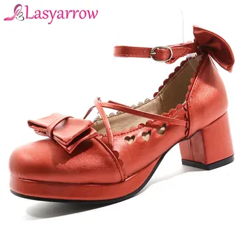 Lasyarrow Plus Size 48 Lolita Mary Janes Mulheres De Salto Alto Sapatos De Doce Bowknot Babados Vestido De Festa De Casamento Sapatos De Noiva Princesa