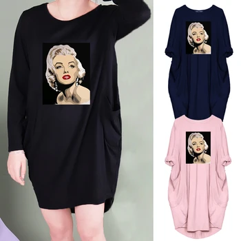 Casual Mulheres Plus Size Marilyn Monroe Vestidos Outono Inverno elegante da festa Vintage, roupas de Manga Longa Preta de Moda Solta Vestes