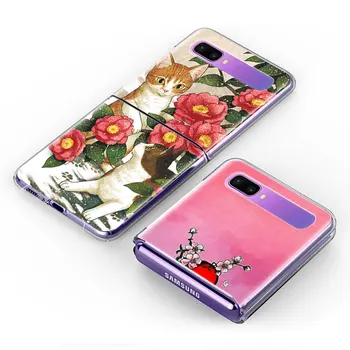 Gatos bonitos Arte Case Para Samsung Galaxy Z Flip 5G Rígido Telefone Coque Divisão de Dobramento de Flores Capa de Luxo Claro Plistic ZFlip Tampa