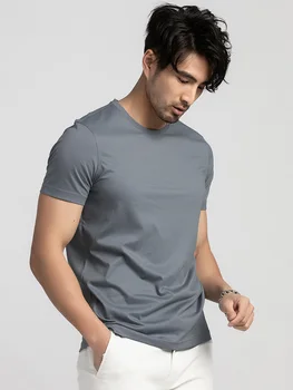 SuyaDream Mens Sólido T-shirts de Algodão e Seda mistura Simples O pescoço Curto Mangas de Camisas de 2021 Verão Basic Topo