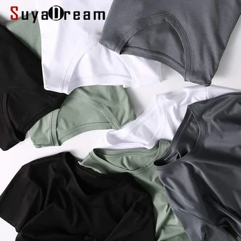 SuyaDream Mens Sólido T-shirts de Algodão e Seda mistura Simples O pescoço Curto Mangas de Camisas de 2021 Verão Basic Topo