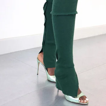 BOOFEENAA Sexy Cintura Alta Dividir Calças Flare de Alta Qualidade Exército Verde Preto Trecho Calças de Inverno Leggings Mulheres C87-BZ27