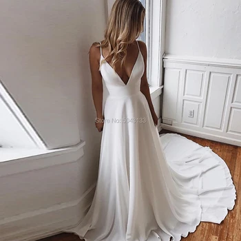 Sexy Profundo Decote Em V Vestidos De Noiva 2021 Uma Linha De Cetim Branco Applique Sem Encosto Vestido De Noiva Sem Mangas, Alças Sweep Trem Vestido De Noiva
