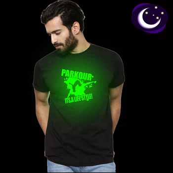Verão Fluorescente Do Parkour, Seu Estilo De Vida T-Shirt Masculina Casual Luminosa Letra Impressa Casual T-Shirts Mens Brilham No Escuro, Camisa