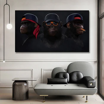Engraçado Pintura de Animais Lenço Gorila de Lona Pinturas a Óleo Cartazes Macacos Sábios Arte de Parede de Lona Imprime para Decoração Sala de estar