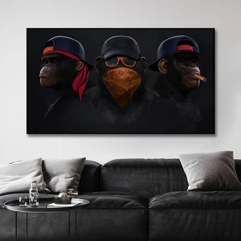 Engraçado Pintura de Animais Lenço Gorila de Lona Pinturas a Óleo Cartazes Macacos Sábios Arte de Parede de Lona Imprime para Decoração Sala de estar