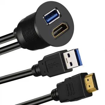 USB 3.0 e HDMI para HDMI + USB3.0 AUX Extensão do Painel de instrumentos Impermeável do Carro de Montagem embutida Cabo Para Carro, Barco e Moto - 3ft