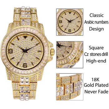 Missfox Algarismos arábicos Homens Relógio Marca de Topo Luxo Ouro 18k Homens do Relógio Diamante Grande Clássico Masculino Gelado Fora Assistir Quente Dropshipping